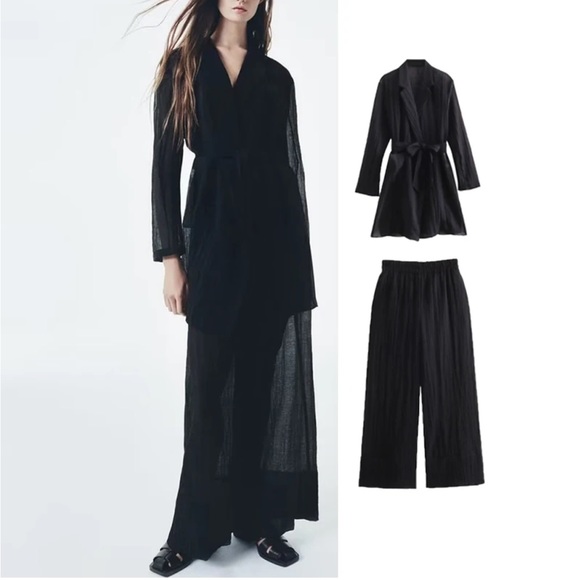 Zara Black Semi-sheer Minimalist Belted Blouse Relaxed long sleeves belt NWT - Picture 9 of 16